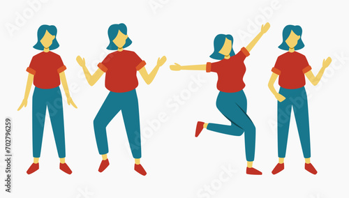 Set of girl with red t-shirt and short blue hair standing in many position and expression. faceless full body figure design elements for corporate poster and banner.