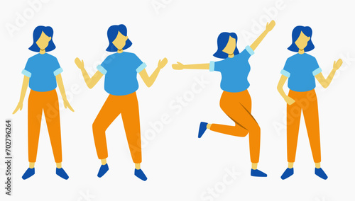 Set of girl with blue t-shirt and yellow pants standing in many position and expression. faceless full body figure design elements for corporate poster and banner.