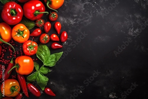  a group of red and yellow peppers with green leaves on a black background with space for a text or image.