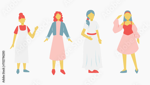 Set of girls with various stylish girly outfit for spring season. faceless full body figure design elements for fashion or beauty poster and banner.
