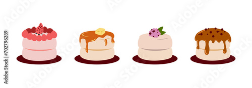 Set of souffle pancake with different toppings. Strawberry, maple syrup, blueberry, and boba topping. Design elements for bakery and cafe promotion.
