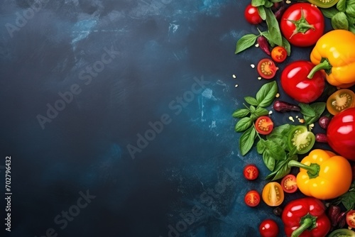  a group of different types of vegetables on a blue background with space for a text or an image with space for text.