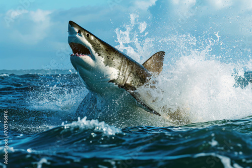 A great white shark as it bursts through the surface of the ocean with unparalleled power