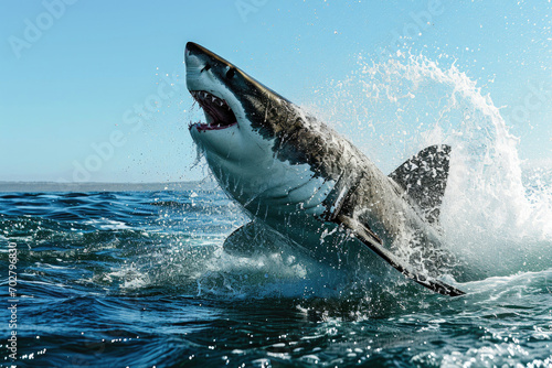 A great white shark as it bursts through the surface of the ocean with unparalleled power © Venka