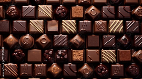 A group of assorted chocolate pralines arranged in an organized pattern on a clean surface. photo
