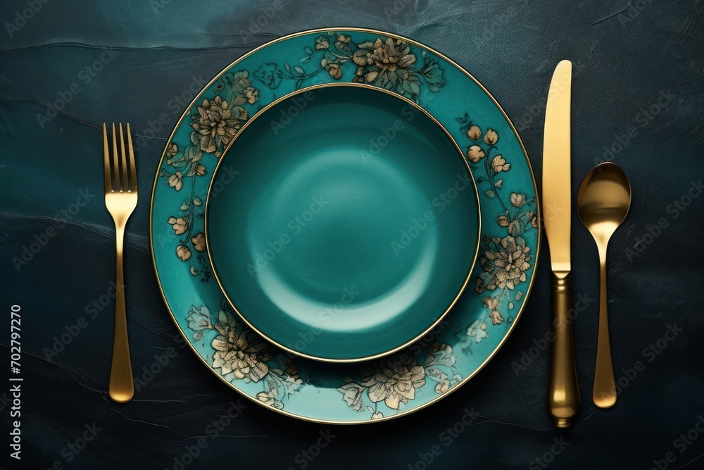 a blue plate with a gold rim and a green plate with a flower design on it and a gold fork and knife. a blue plate with a gold rim and a green plate with a flower design on it and a gold fork and knife.