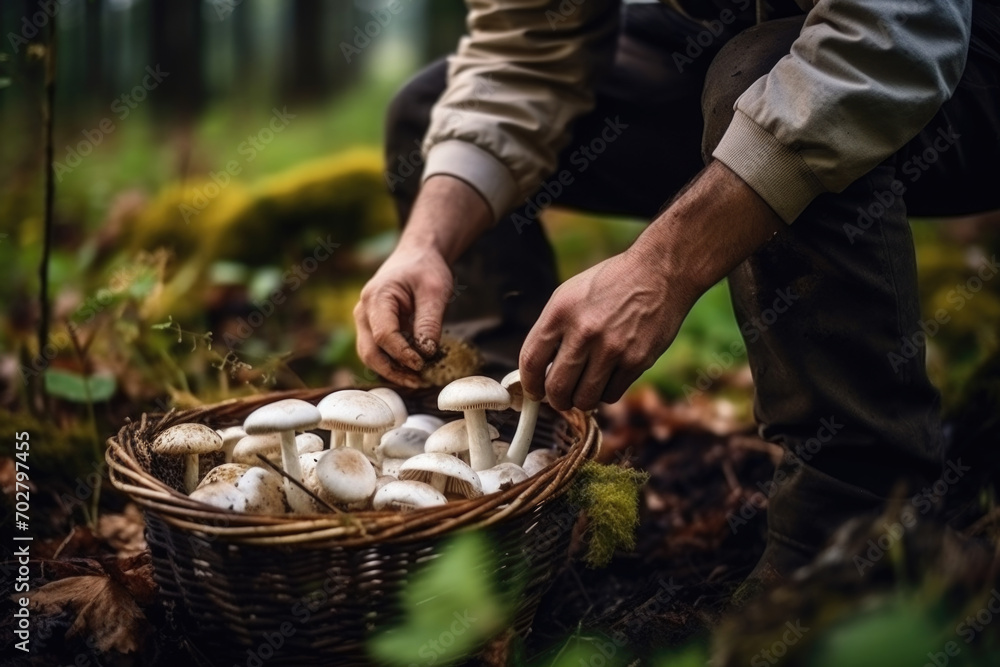 Close-up of hands collecting wild mushrooms in a wicker basket in the woods.