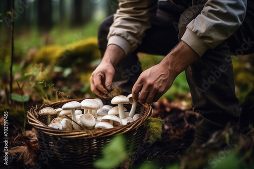 Close-up of hands collecting wild mushrooms in a wicker basket in the woods. photo