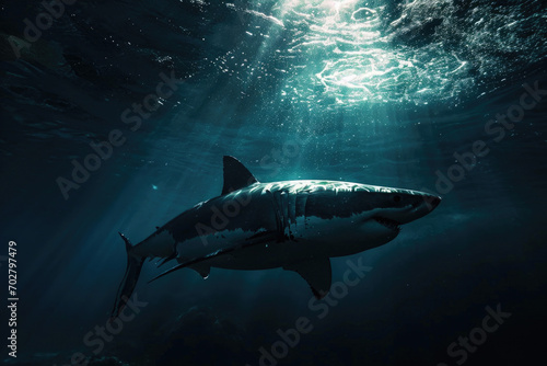 A great white shark swimming gracefully in the moonlit waters
