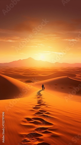 Solitary Journey at Sunset in the Desert. Generative ai