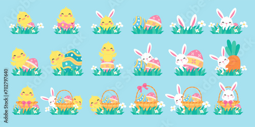 Cartoon chick with Easter eggs in the grass and Easter egg search activity with children.