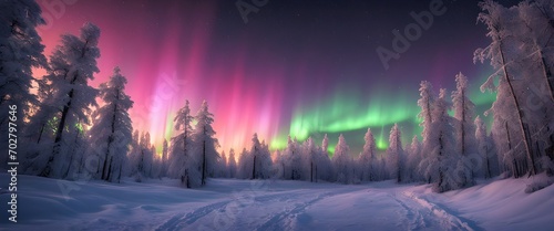 Northern lights in winter forest. Sky with colorful polar lights and stars. Night winter landscape. Generative AI   © Janis