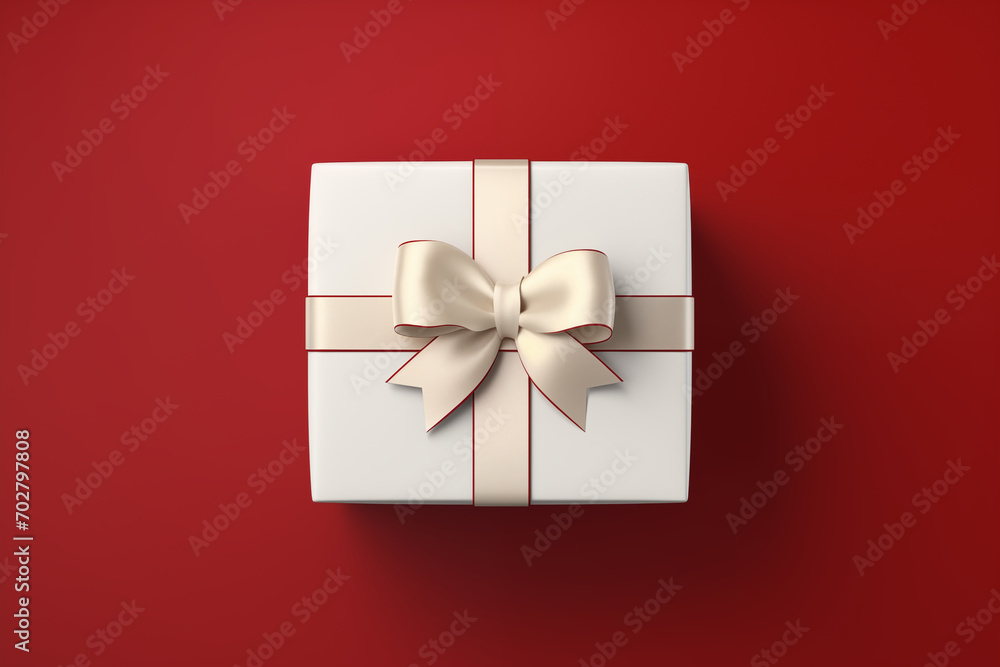 Gift box on red background, top view Gift box on red background, top view