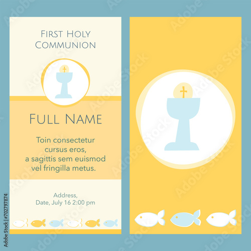 Card template first communion with yellow and blue chalice and host