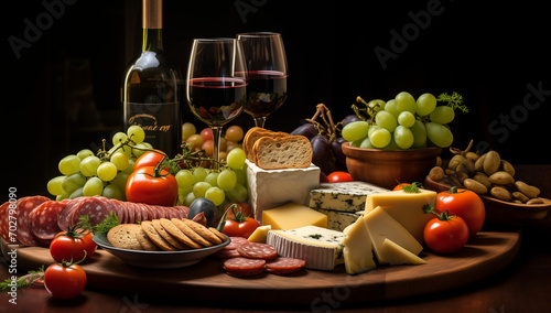 A rustic wooden plate adorned with zesty salami, rich cheese, juicy grapes, crispy crackers and nutty delicacies, placed on the table with a glass of fine wine