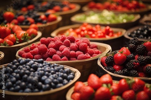  a bunch of baskets filled with lots of different types of berries and berries on each side of the basket are blueberries, raspberries, strawberries, blackberries, raspberries, and more.