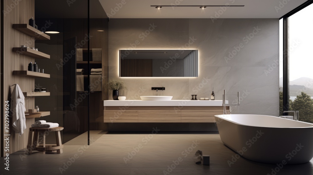 A minimalist bathroom design with clean lines, monochrome palette, and recessed storage. Generative AI A minimalist bathroom design with clean lines, monochrome palette, and recessed storage. Generative AI