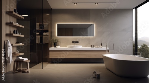 A minimalist bathroom design with clean lines, monochrome palette, and recessed storage. Generative AI