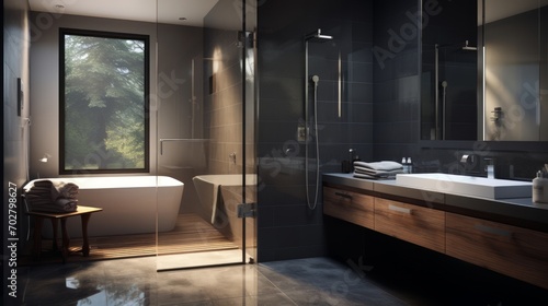 A modern bathroom with sleek fixtures  a glass-enclosed shower  and contemporary tiles Generative AI