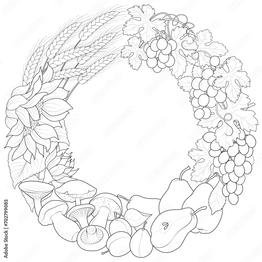 Autumn wreath decorative border with sunflowers, pears and mushrooms.Black and white. Art therapy Coloring page. Vector illustration Autumn wreath decorative border with sunflowers, pears and mushrooms.Black and white. Art therapy Coloring page. Vector illustration