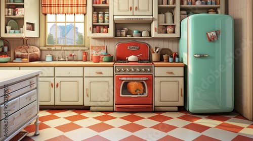 A photorealistic illustration of a retro-style kitchen with vintage appliances, tiled backsplash, and vibrant colors Generative AI