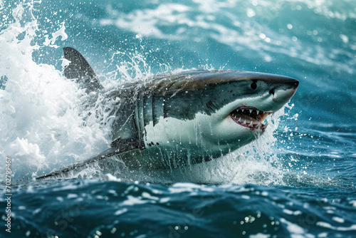 A great white shark as it breaches the ocean surface while hunting © Veniamin Kraskov