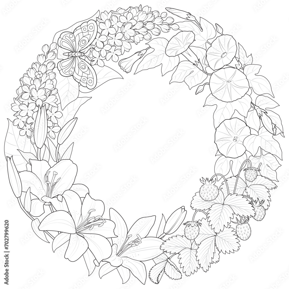 Summer wreath with beautiful flowers and strawberries. Hand drawn artwork. Love concept for wedding invitations, cards, tickets, congratulations. Black and white. Vector illustration
