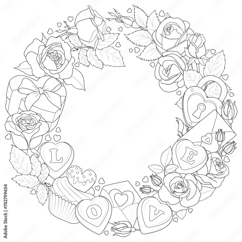 Romantic love wreath. Valentines day wreath of roses, valentines and chocolate. Black and white. Art therapy Coloring page. The 14th of February. Vector illustration Romantic love wreath. Valentines day wreath of roses, valentines and chocolate. Black and white. Art therapy Coloring page. The 14th of February. Vector illustration