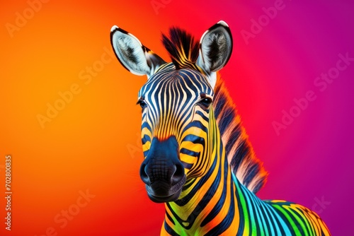  a close up of a zebra s head with a multi - colored background in the background.