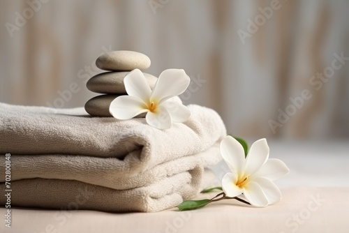  a stack of towels with a flower on top of it and a stack of stones on top of each other.