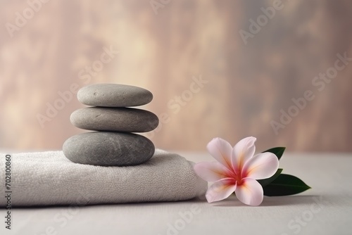  a pink flower sitting on top of a pile of rocks next to a pile of stones on top of a towel.