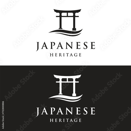 Japanese ancient torii gate logo template design. Tori gate Japanese heritage, culture and history.