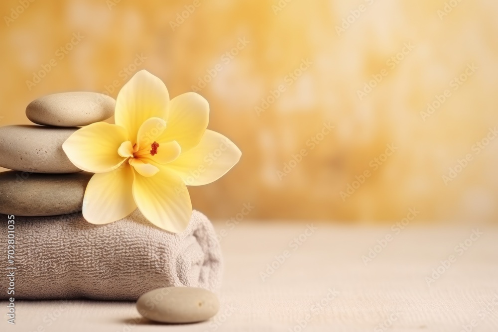 a stack of rocks with a yellow flower on top of one of the stones is placed on top of a towel. a stack of rocks with a yellow flower on top of one of the stones is placed on top of a towel.