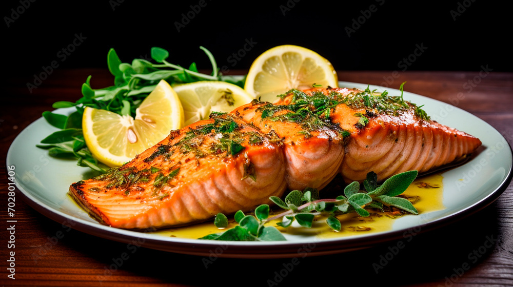 A piece of red fish with lemon. Selective focus.