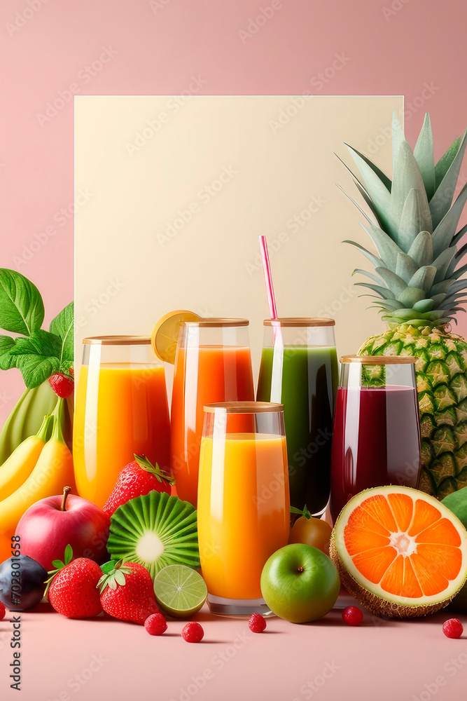 Various freshly squeezed fruits and vegetables juices and their ingredients with on a table. Various freshly squeezed fruits and vegetables juices and their ingredients with on a table.