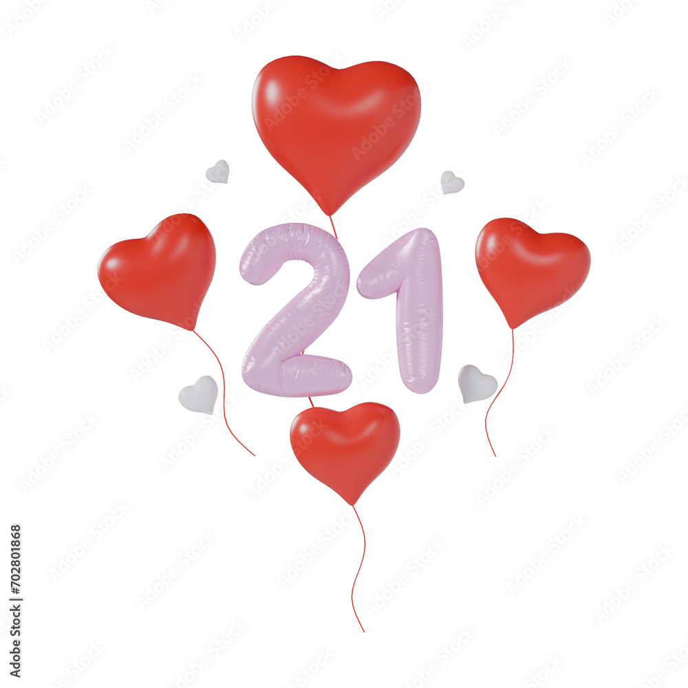 Heart Number 21 Valentine Day Anniversary 3d illustration