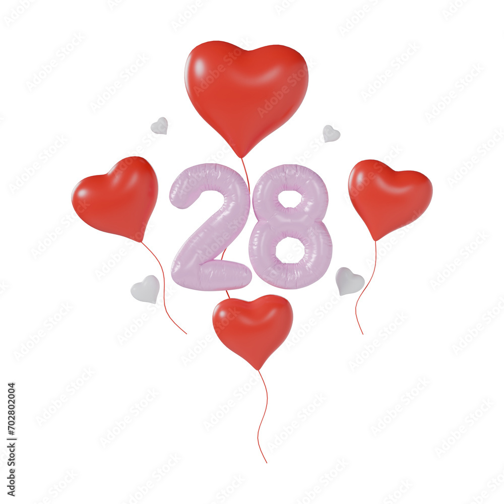 Heart Number 28 Valentine Day Anniversary 3d illustration