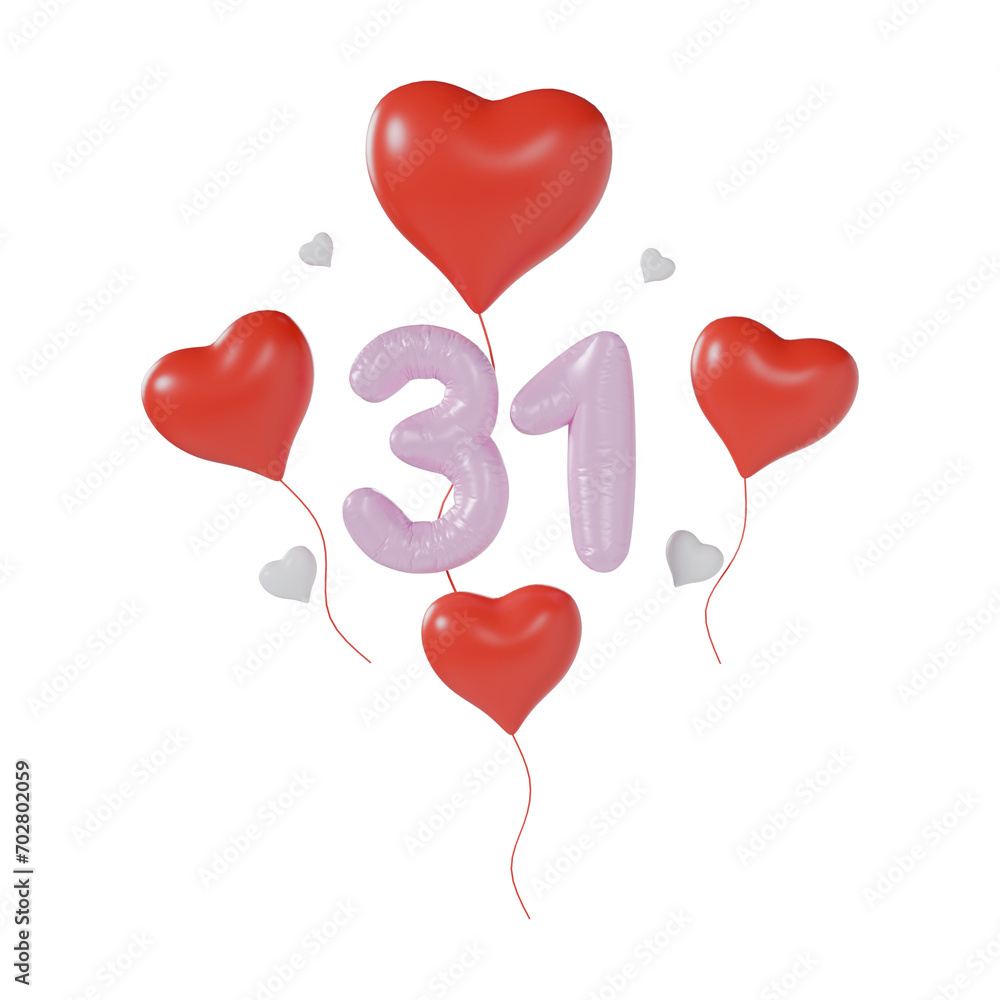 Heart Number 31 Valentine Day Anniversary 3d illustration