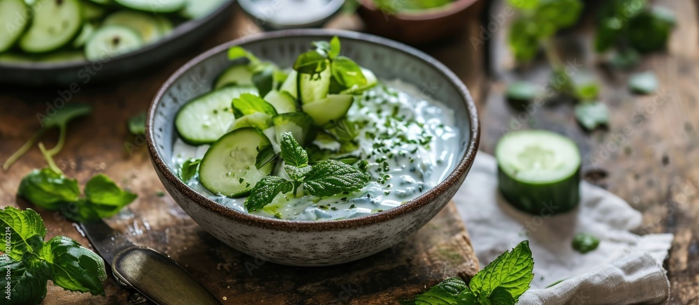 Bowl with fresh cucumber and yogurt served as salad. Bowl with fresh cucumber and yogurt served as salad.