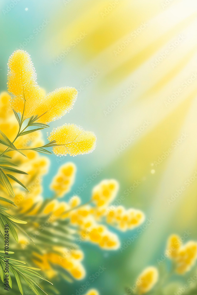 Spring mimosa flowers on blurred background, spring season concept.
