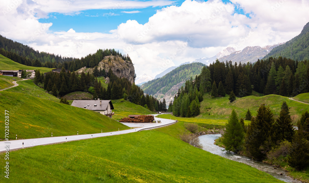 Countryside mountain road in Swiss alps within country houses