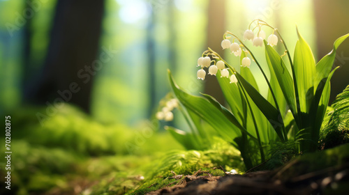 Close-up photo of lily of the valley in the forest with sunlight. Generative AI
