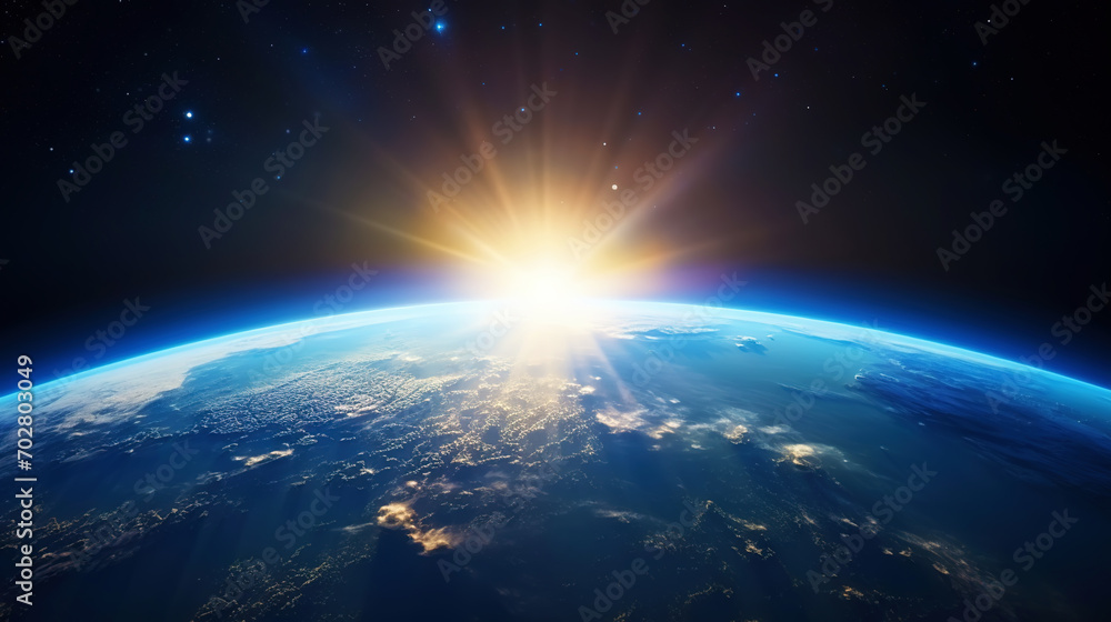 A photorealistic view of the Earth from space with sunlight. Scientific astronomy. Generative AI