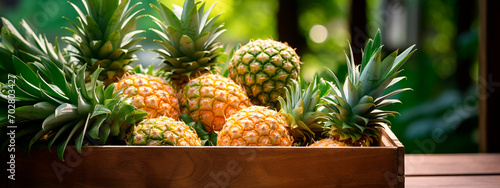 Harvest pineapples in a box in the garden. Selective focus. photo