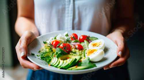 vegetable salad with eggs in the hands of a woman. Selective focus. photo
