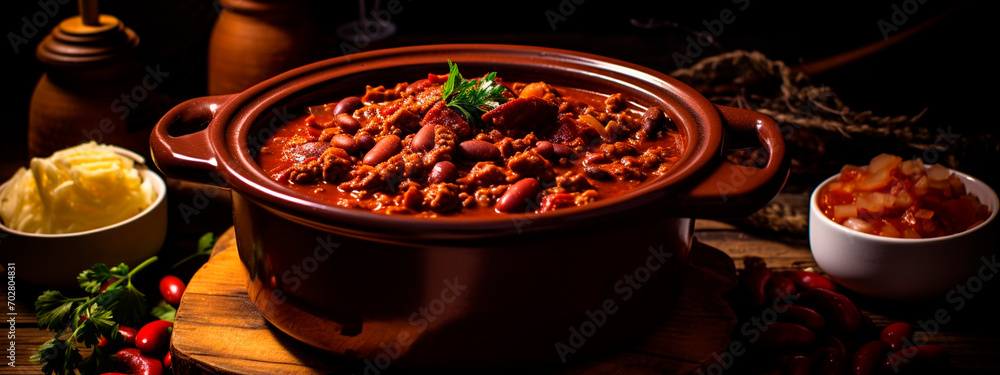 chili beans with meat on a plate. Selective focus. - obrazy, fototapety, plakaty 