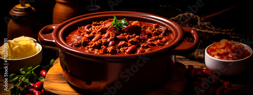 chili beans with meat on a plate. Selective focus. photo