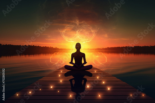 Silhouette of a Person Meditating on a Dock at Sunset with Reflective Water and Mystical Energy Aura, Peaceful Yoga Practice © Qmini