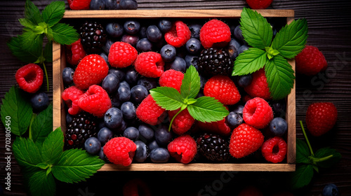 different berries in a box in the garden. Selective focus.