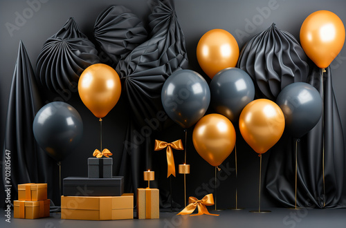 Black and gold balloons on black background with copy space.